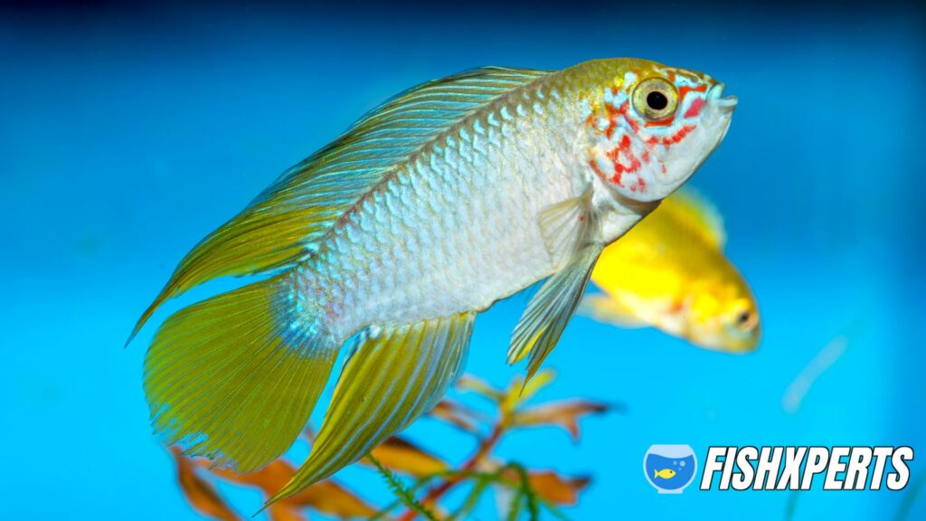 Apistogramma fish in aquarium with blue background